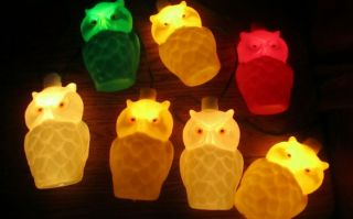 Vintage Blow Mold Plastic Owl Set String Of 7 Patio Lights Camping Rv Lantern