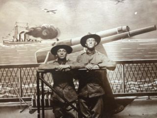 Vintage Rppc 2 Aef Us Army Wwi Soldiers Posing Coastal Artillery Ship Photograph