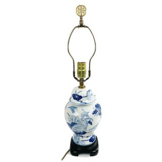 Vintage Chinese Ginger Jar Lamp Storks Birds Flowers On Stand Blue White 21”h