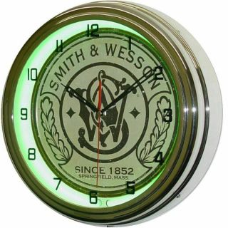 16 " Smith & Wesson Green Neon Wall Clock Garage Man Cave
