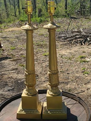 Vintage Pair Romanesque Cast Metal Brass ? Bronze ? Column Lamps 35 " Tall
