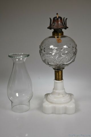2h 1800s Chapman Kerosene Stand Lamp By Atterbury Colorless & Milk Glass