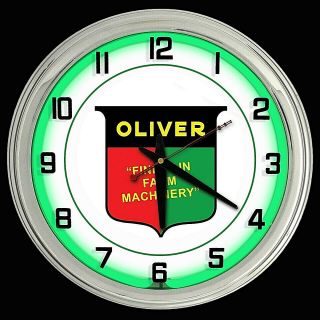 16 " Oliver Tractor Farm Machinery Sign Green Neon Wall Clock Garage Man Cave
