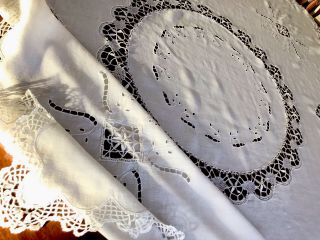 Vintage Hand Embroidered Cut Work Needle Lace White Cotton Table Cloth 53x53”