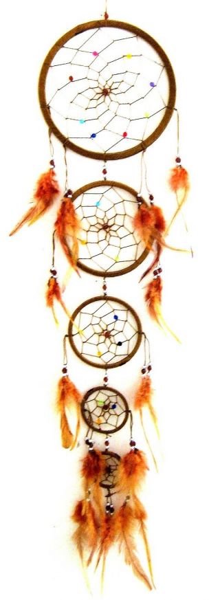 Brown 5 Ring Dream Catcher With Feathers & Beads Wall Decor Lg - 33 " Long X 7 " W