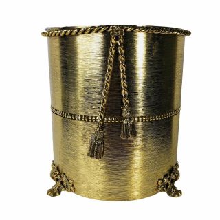 Vintage Hollywood Regency Rope Tassel Gold Metal Filigree Waste Bin Basket Mcm