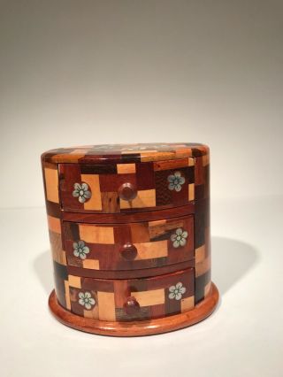 Vintage Asian Jewelry Box - Multi Colored Wood And Abalone Design