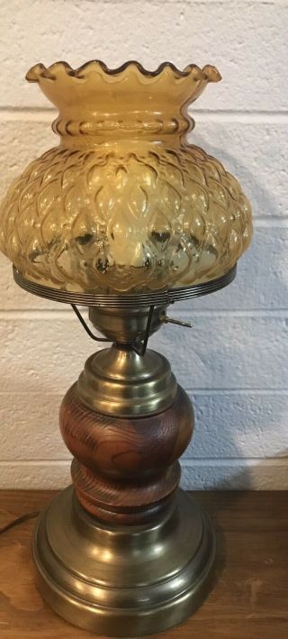 Vintage Brass And Wood Table Lamp With Ruffle Glass Shade Gold