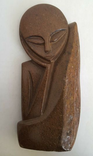 Vintage African Stone Hand Carved Woman Figure Statue Signed Zimbabwe Shona Face