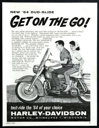 1964 Harley - Davidson Duo - Glide Motorcycle Art " Get On The Go " Vintage Print Ad