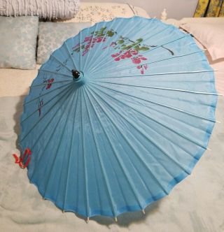 Vintage Asian Hand Painted Blue Silk Parasol Bamboo Umbrella