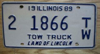 Single Illinois License Plate - 1989 - 2 1866 Tw - Tow Truck - Land Of Lincoln