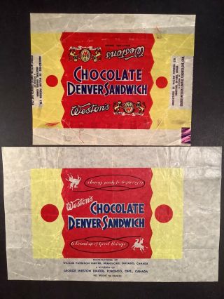 Weston’s 1940’s - 1950’s Chocolate Denver Sandwich Canadian Candy Bar Wrappers