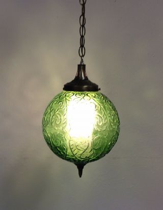 Vintage Green Glass Hanging Swag Lamp Mid Century Retro Hollywood