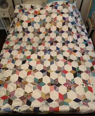 Vtg 6 Point Star Patchwork Quilt 68 X 81 Top Topper Multi Hand Sewn Farmhouse