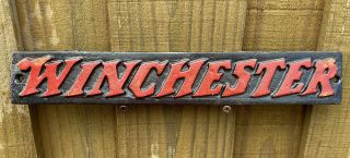 Vintage Winchester Cast Iron Metal Sign Gas Oil Gun Rifle Firearms Shotgun Ammo