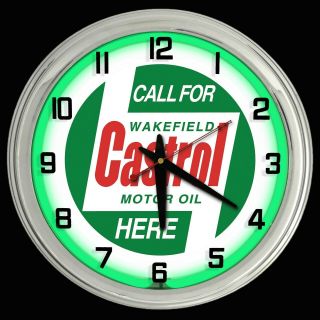 16 " Castrol Motor Oil Green Neon Clock Garage Auto Shop Decor