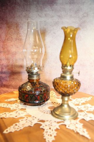 Vintage,  Set Of 2 Amber Glass Oil Lamps,  11 ",  Hurricane Lamps,  1980 