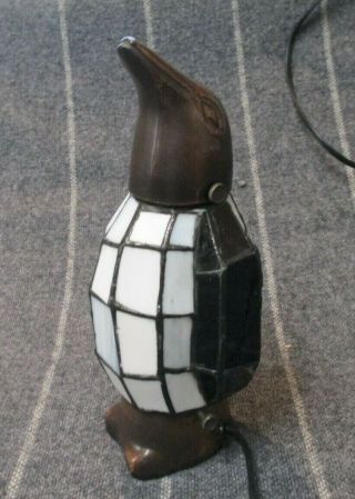 Vintage Tiffany Style Stained Glass Brass Penguin Accent Table Lamp Night Light