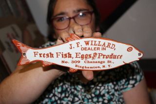 Fresh Fish Eggs & Produce Farm Market Fishing Gas Oil Porcelain Metal Sign