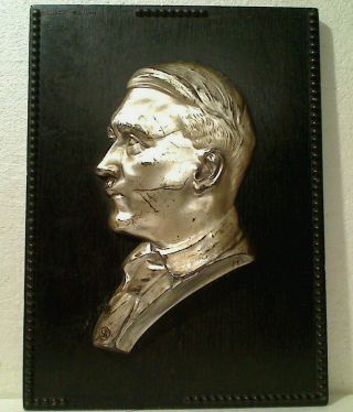 Germany Third Reich Era Adolf Hitler Wood Mounted Aluminum Bust Plaque 13 " Tall