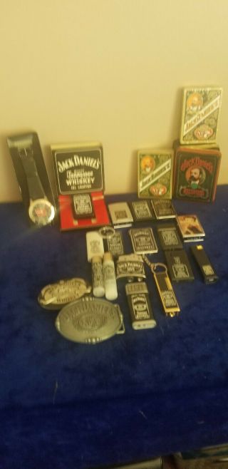 Jack Daniels And Misc Lot3.  Tin And Cards,  Lighters,  Belt Buckles And More