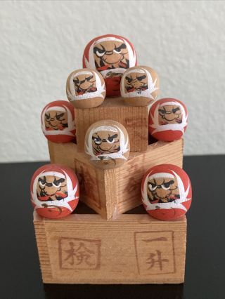 Vintage Japanese 8 Kokeshi Daruma Wooden Doll On Box Stand With Signed Japan