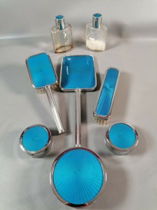 Vintage Blue Guilloche Enamel Dressing Table Set Bottles Vanity Pots Brush