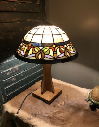 Vintage Tiffany - Style Leaded Stained Glass Lamp Shade Mission Arts & Crafts