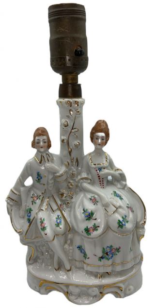 10” Antique German Figurine Table Lamp,  Victorian,  Porcelain,  Courting Couple