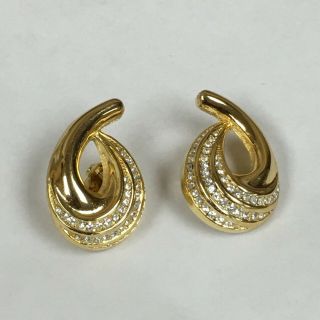 Vintage Christian Dior Gold Tone And Rhinestone Clip - On Earrings