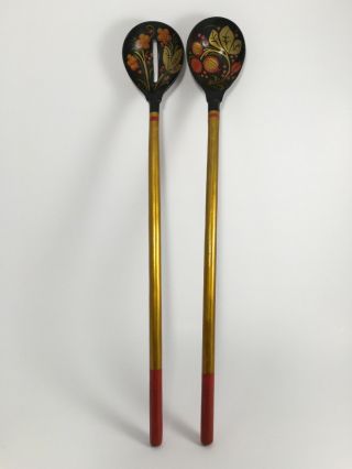 Set Of 2 Vintage Khokhloma Wooden Spoons Russian Hand Painted