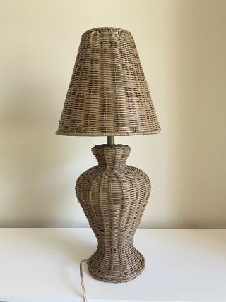 Vtg All Rattan Wicker Table Lamp & Shade Boho Chic Cottage Core Light Brown