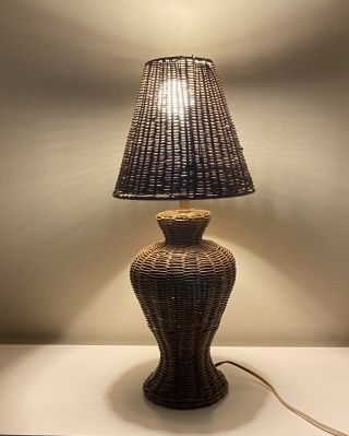 vtg all rattan wicker table lamp & shade boho chic cottage core light brown 2