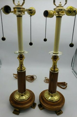 Vintage Candle Stick Set Of Brass And Wood Table Lamps,  Claw Footed Double Pull