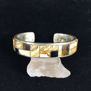 Vintage Sterling Silver Cuff Bracelet Signed Z Brown Stone Mosaic Southwest 925