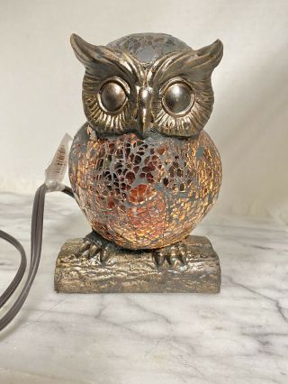 Tiffany Style Mosaic Owl Night Light Stained Glass Table Lamp 6.  5 " Table Bronze