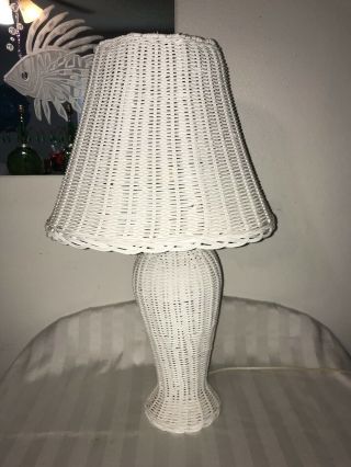 Vintage White Wicker Rattan Table Lamp 25 " High