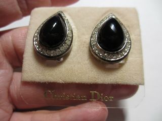 Gorgeous Vtg Christian Dior Onyx & Rhinestone Clip Earrings On Orig Card Nr