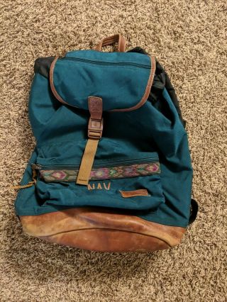 Vintage Ll Bean Backpack Canvas Leather Bottom Aqua Ripstop Aztec Southwest