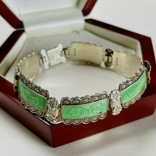 Vintage Jewellery Art Deco Silver Green Enamel Flower Bracelet (harmony)