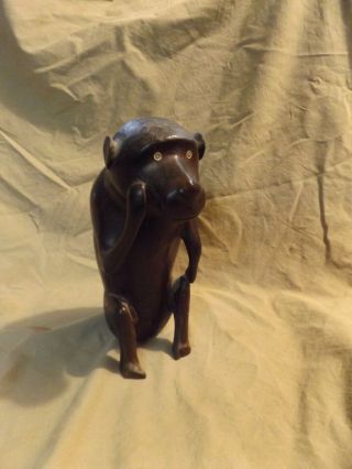 Vintage African Art Ebony Wood Primitive Carved Seated Monkey 9 " Ape