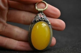 Chinese Old Handwork Miao Silver Carving Flower Inlay Yellow Jade Pendant