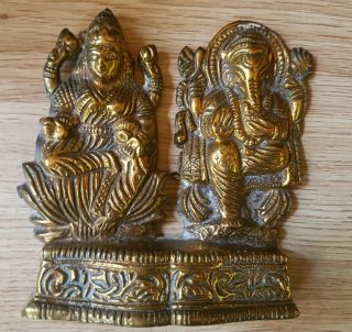 Vintage Brass Statue Of Indian Gods Ganesh And Goddess Lakshmi.