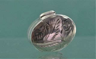 Vintage Sterling Silver Pill Box Small Pocket Purse Oval Floral Engraved Lid