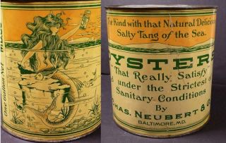 1920s Mermaid Oyster Tin Chas Neubert & Co Baltimore Md 1 Gallon Can Firpl