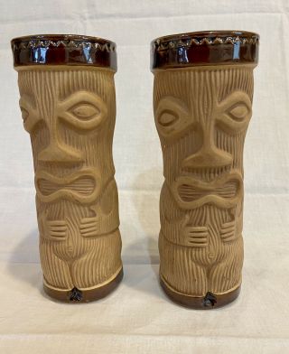 Pair Vintage Tall 7 " Tiki Mug Tumbler Paul Marshall Pmp Polynesian Hawaiian