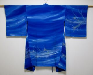Japanese Kimono Silk Long Haori Coat / Blue / Rare Pattern / Peacock Feather