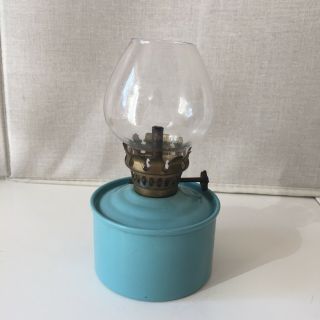 Vintage Light Blue Kelly Nursery Pixie Oil Lamp Clear Glass Shade Flat Base