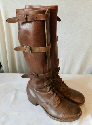 Vintage Wwii Tall Brown Leather Tank Boots Cavalry Us Army 3 Buckle 9 1/2 9.  5